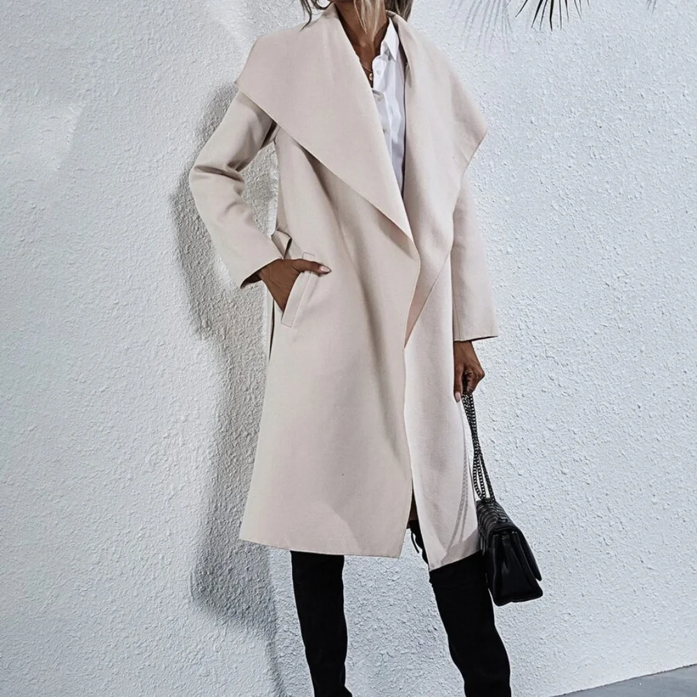 Cozy Cream waterfall trench long classic jacket Coat Winter - Picture 3 of 7